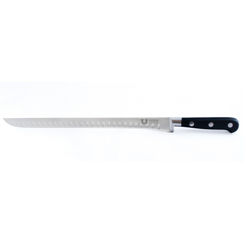 Cuchillo Burgmesser Jamonero Forjado Alveolado Flexible Punta redonda de 28cm/11" Color Negro.